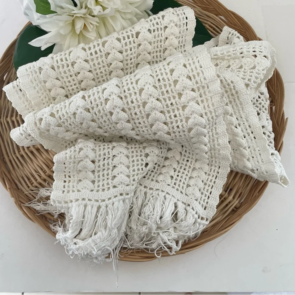 Bohemian handmade crochet scarf heart design fringed tassel detailing